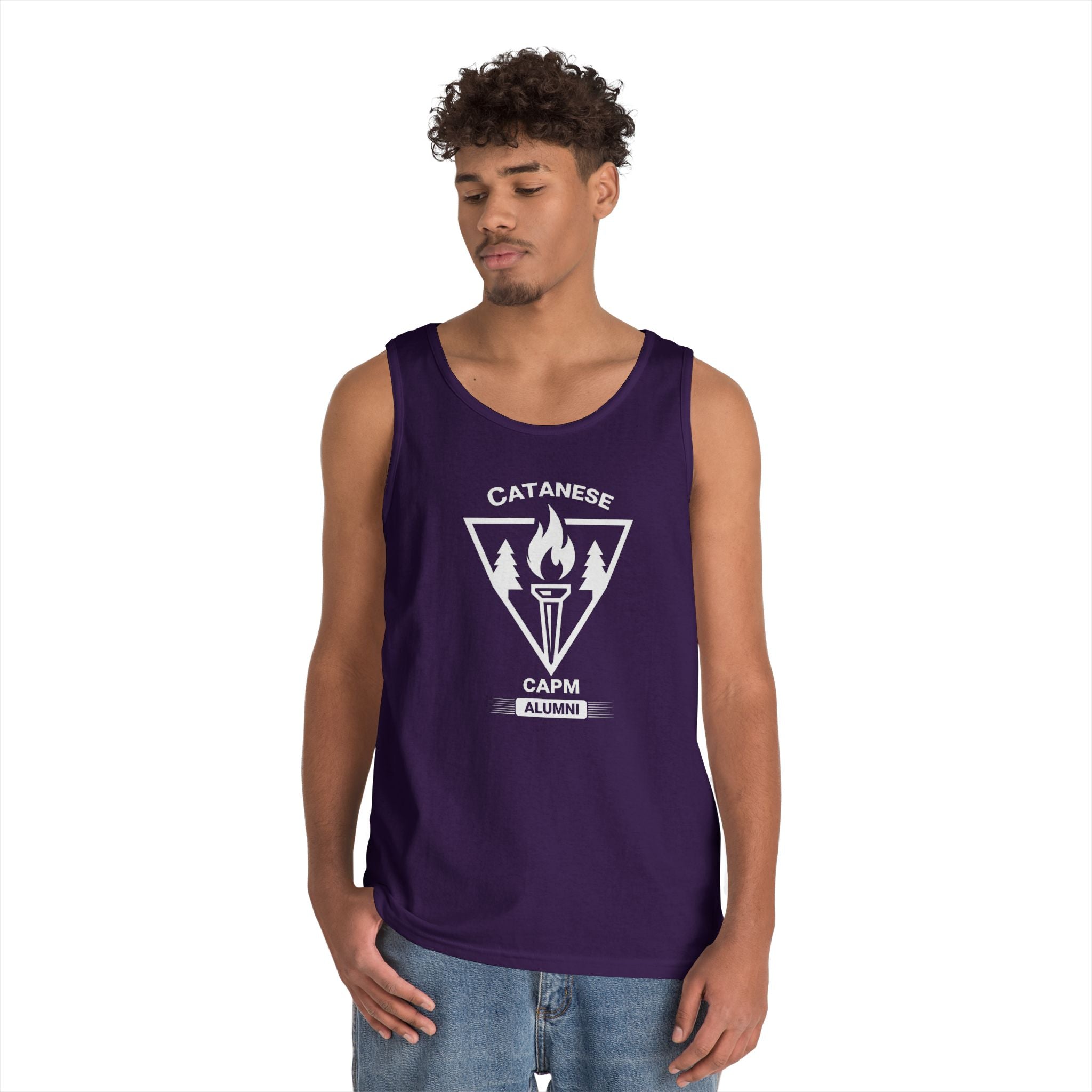 Campfire Adventure Tank Top — Retro Flame Badge Graphic