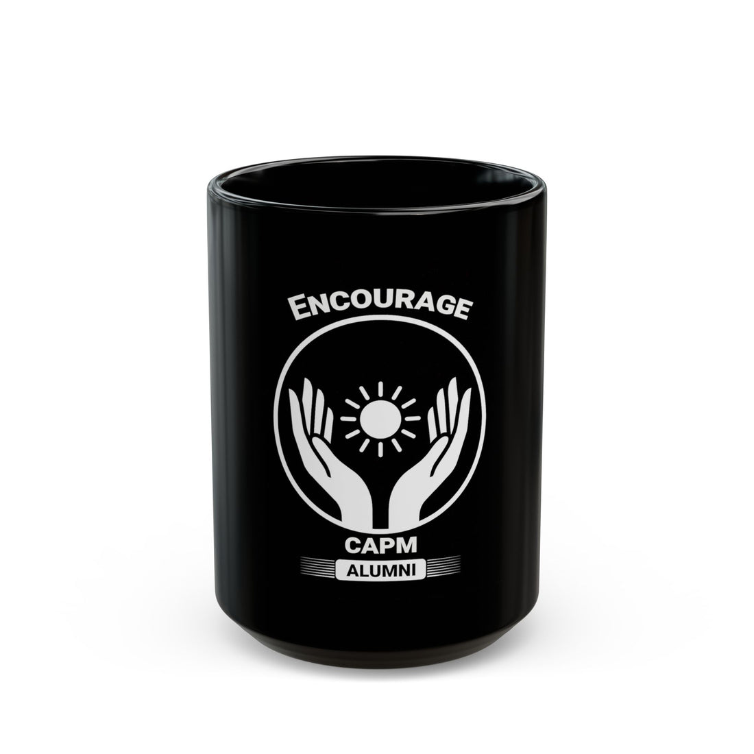 Encourage CAPM Alumni Black Ceramic Mug — Inspirational Hands & Sun Design (11oz/15oz)