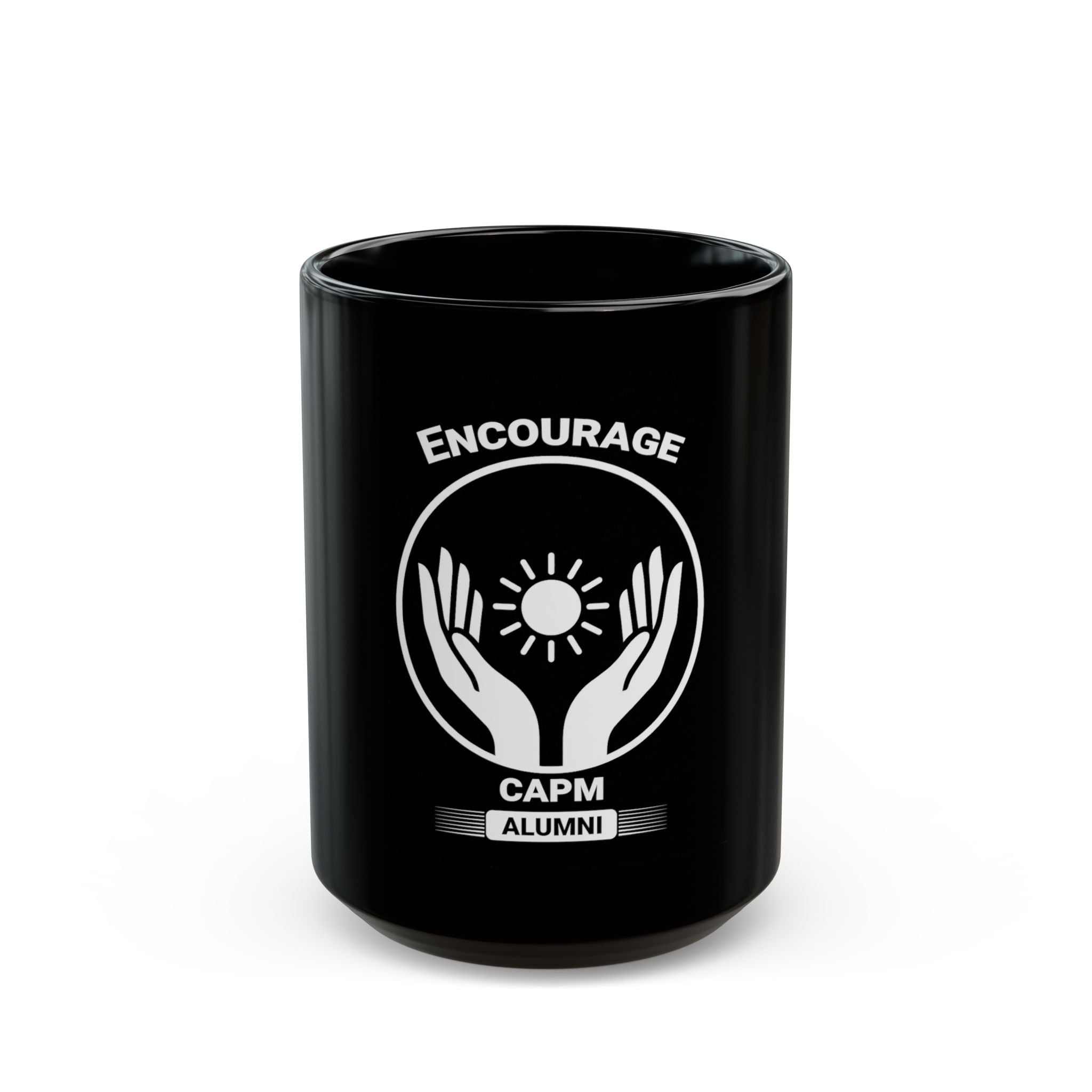 Encourage CAPM Alumni Black Ceramic Mug — Inspirational Hands & Sun Design (11oz/15oz)