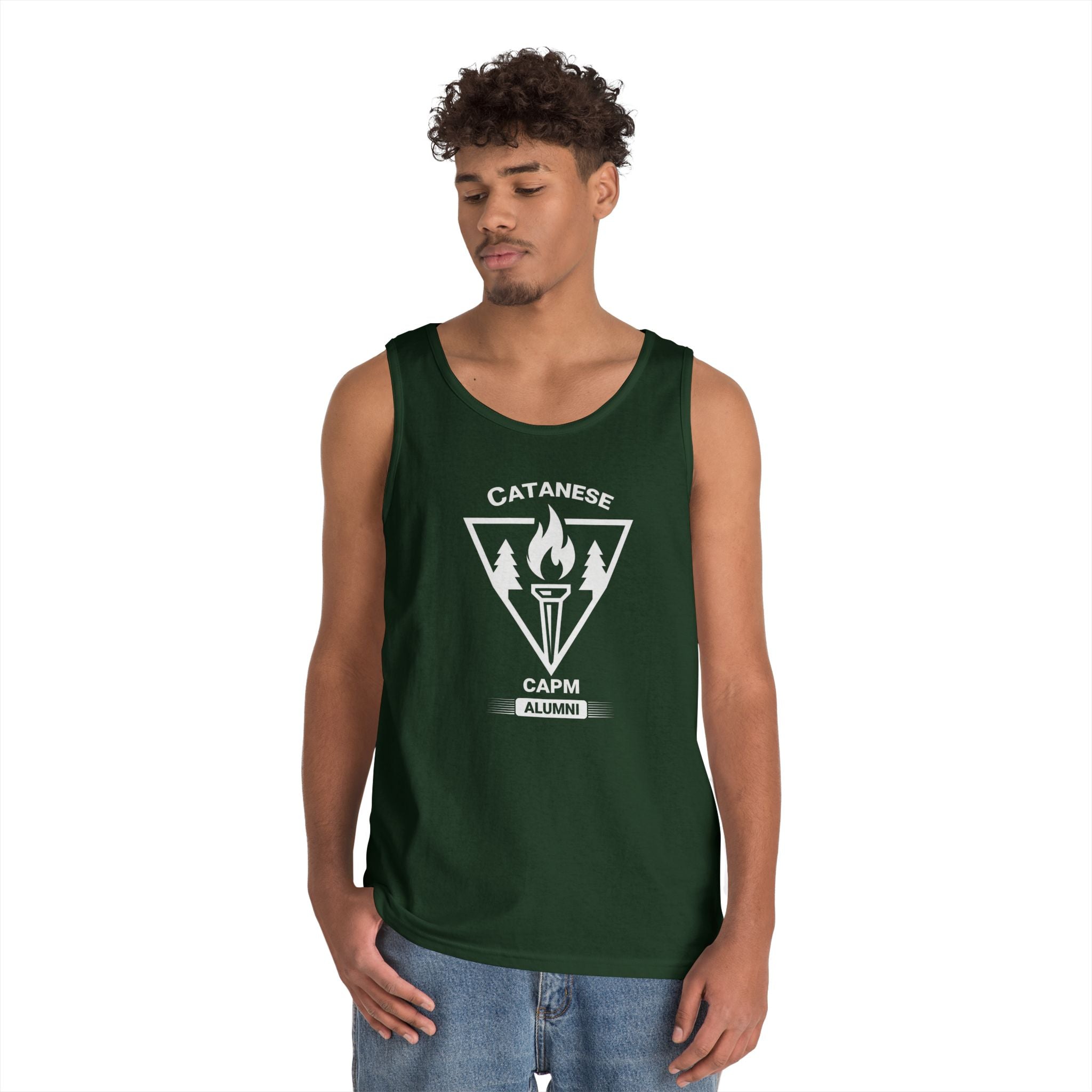 Campfire Adventure Tank Top — Retro Flame Badge Graphic