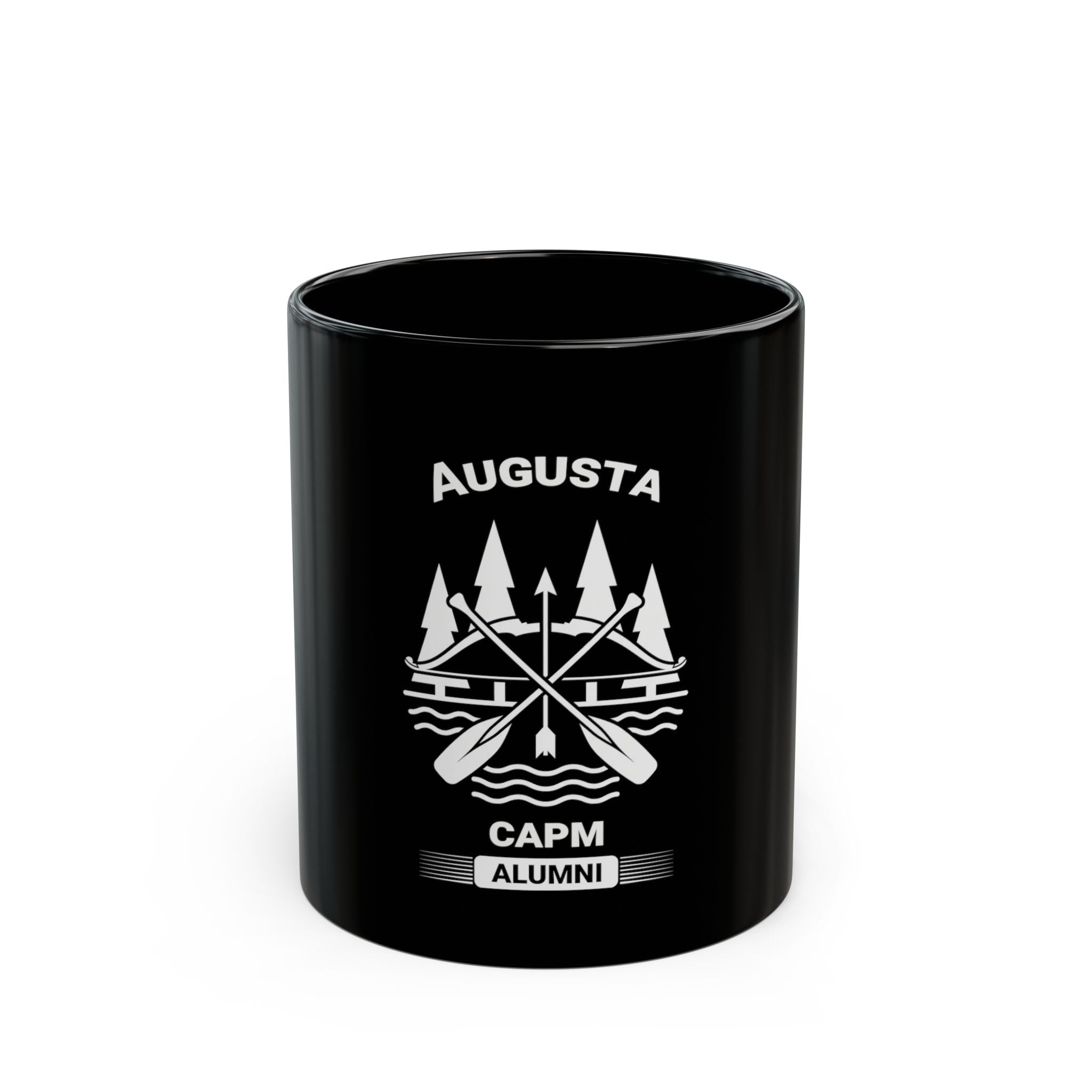 Augusta CAPM Alumni Black Ceramic Mug — Rowing Oars & Pines Design (11oz/15oz)