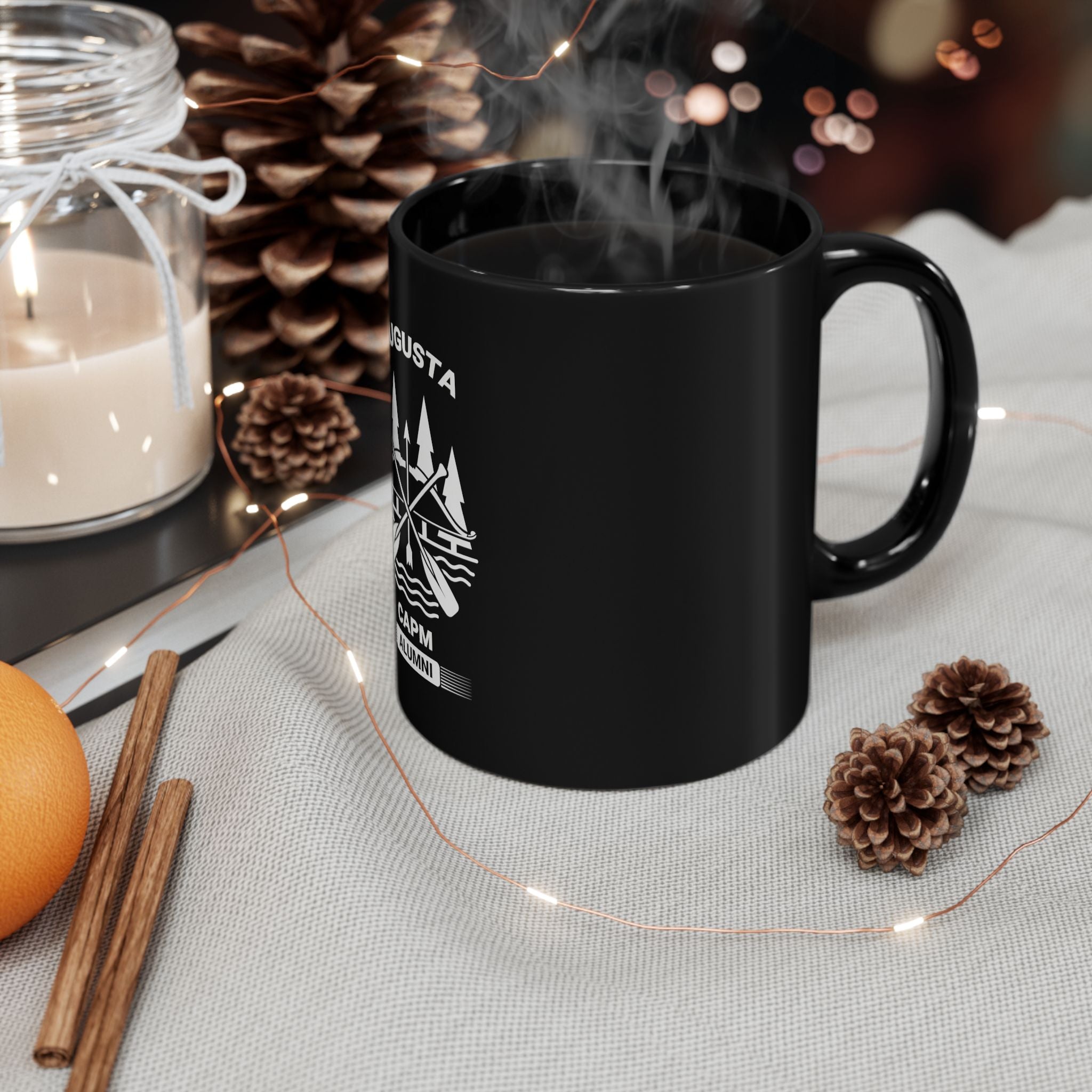Augusta CAPM Alumni Black Ceramic Mug — Rowing Oars & Pines Design (11oz/15oz)