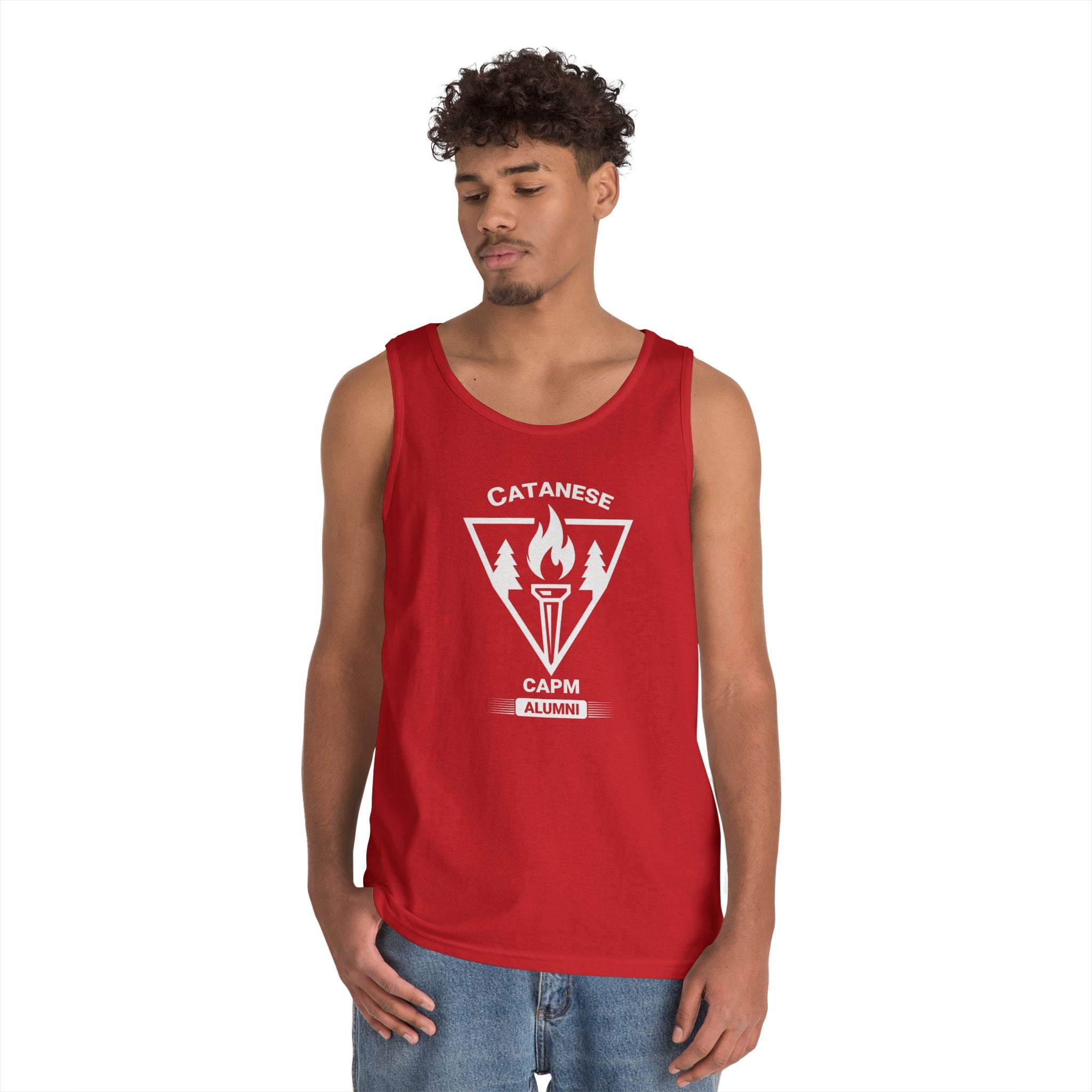 Campfire Adventure Tank Top — Retro Flame Badge Graphic