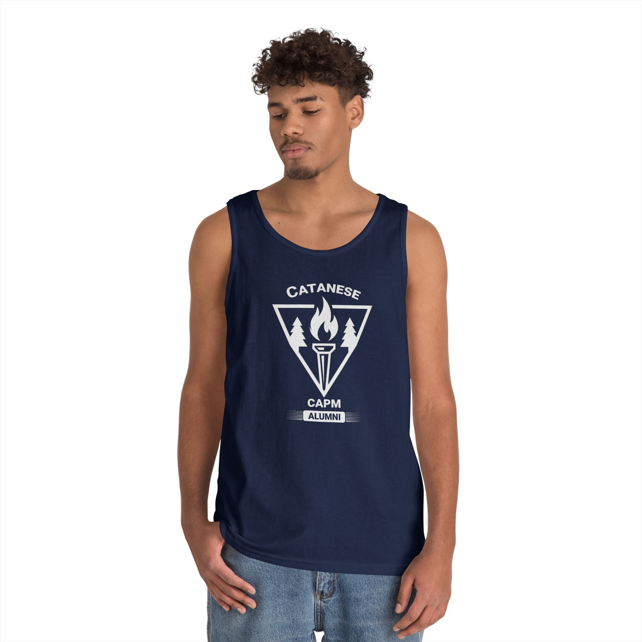 Campfire Adventure Tank Top — Retro Flame Badge Graphic
