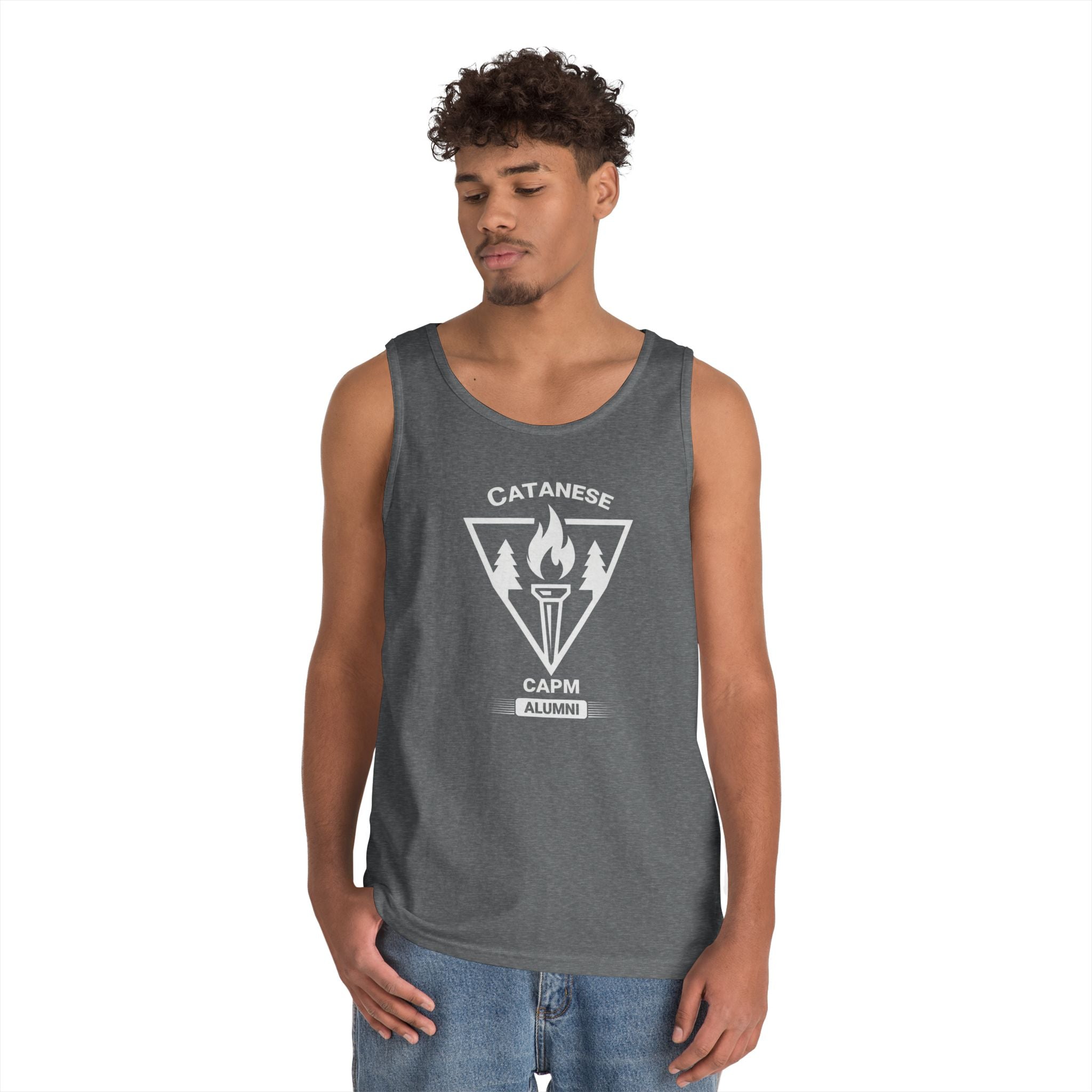 Campfire Adventure Tank Top — Retro Flame Badge Graphic
