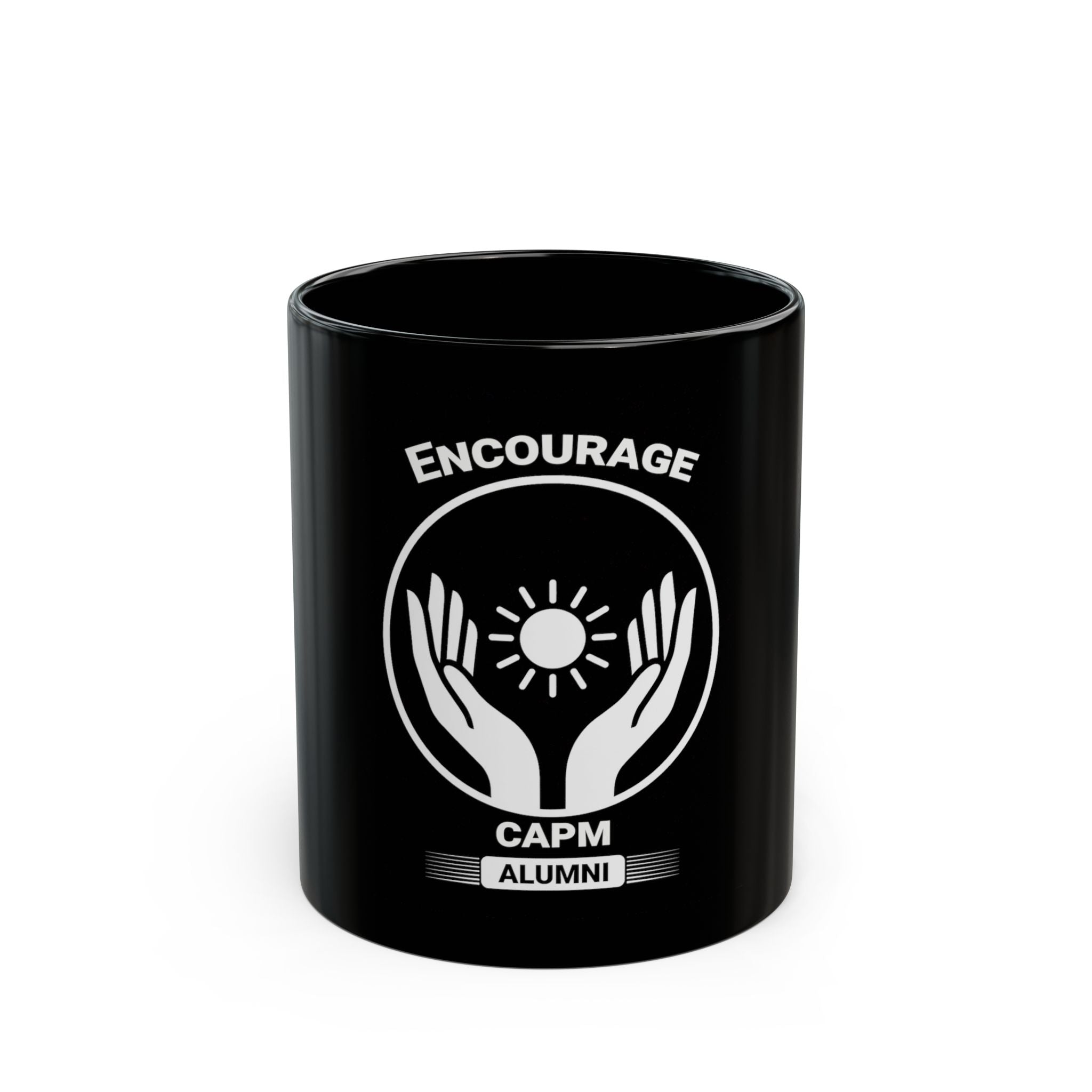 Encourage CAPM Alumni Black Ceramic Mug — Inspirational Hands & Sun Design (11oz/15oz)