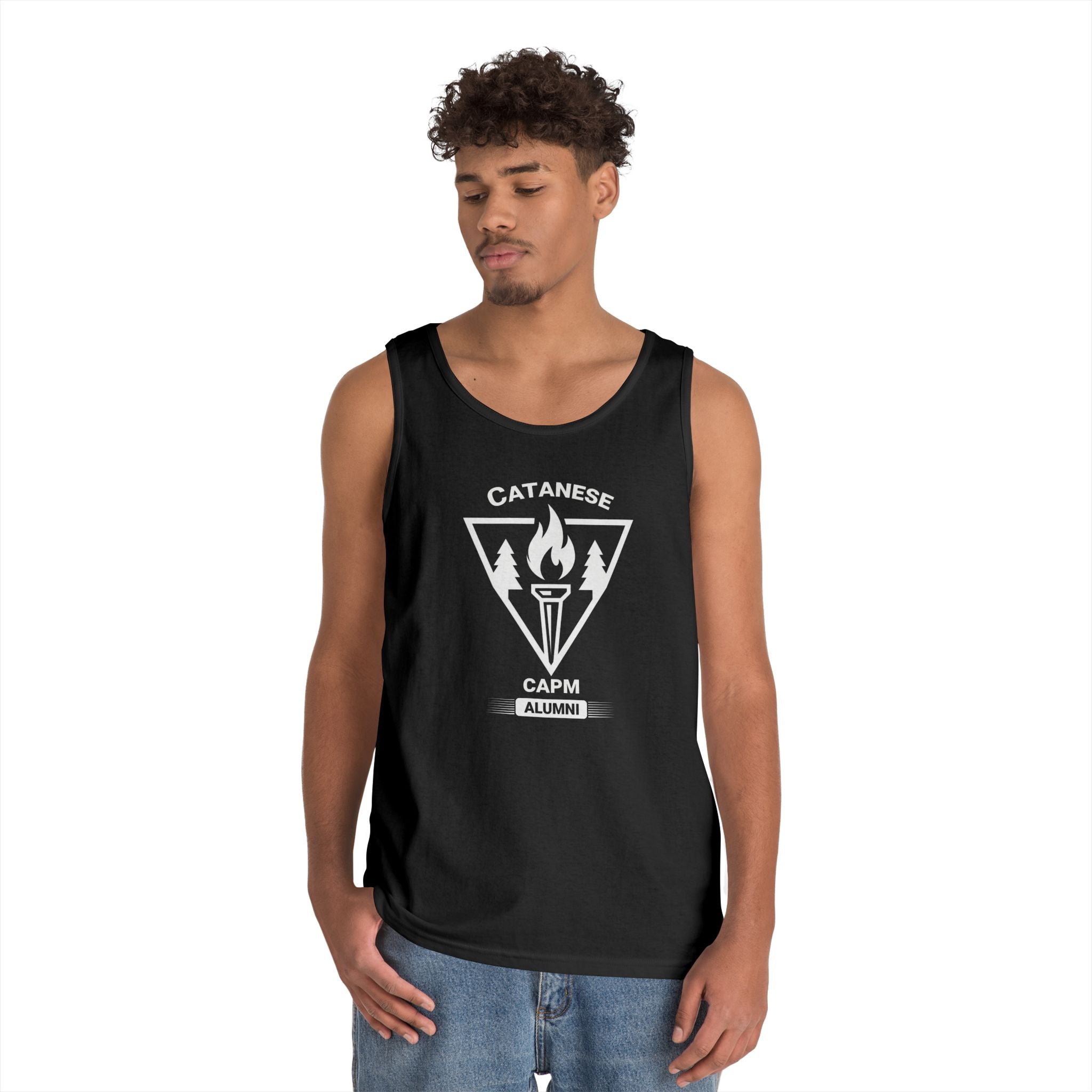 Campfire Adventure Tank Top — Retro Flame Badge Graphic