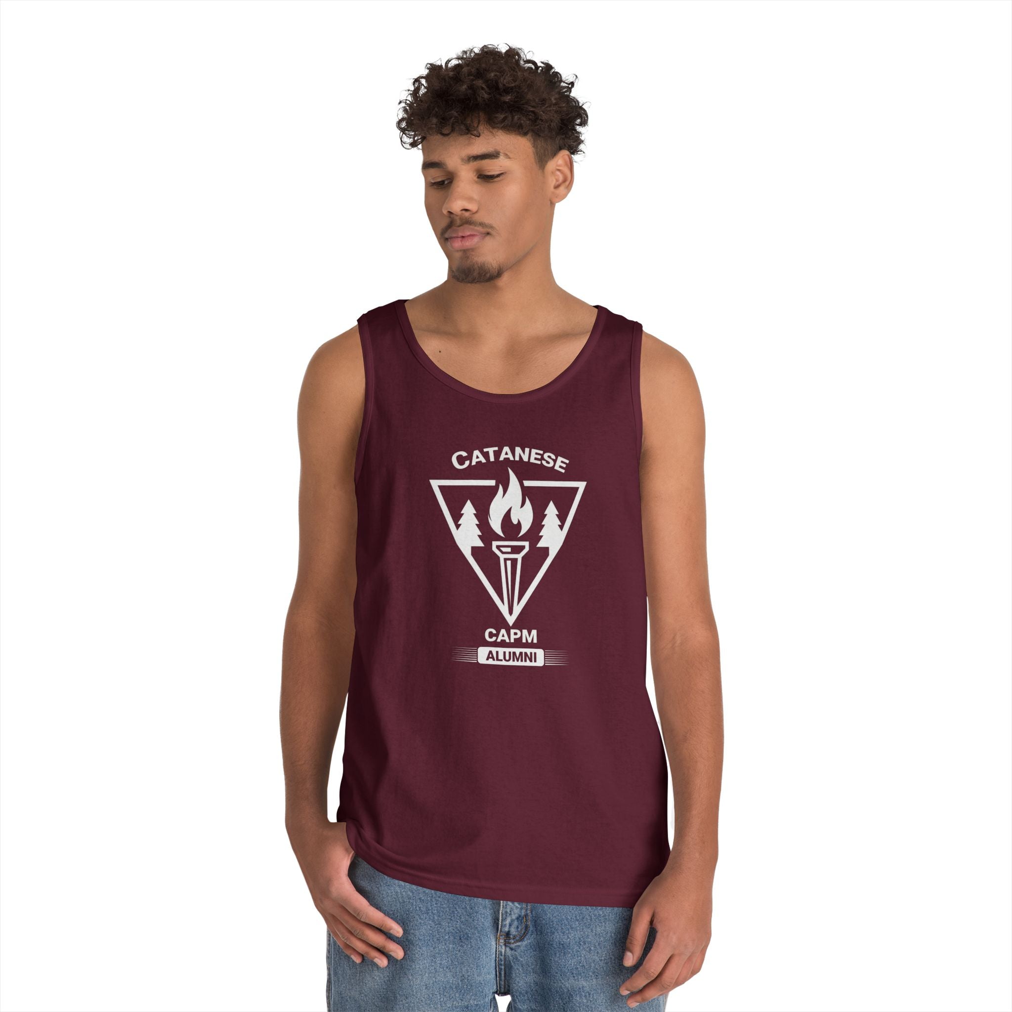 Campfire Adventure Tank Top — Retro Flame Badge Graphic