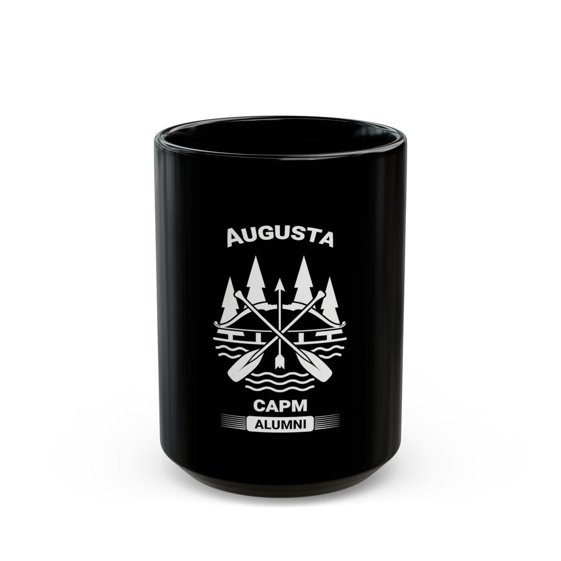 Augusta CAPM Alumni Black Ceramic Mug — Rowing Oars & Pines Design (11oz/15oz)