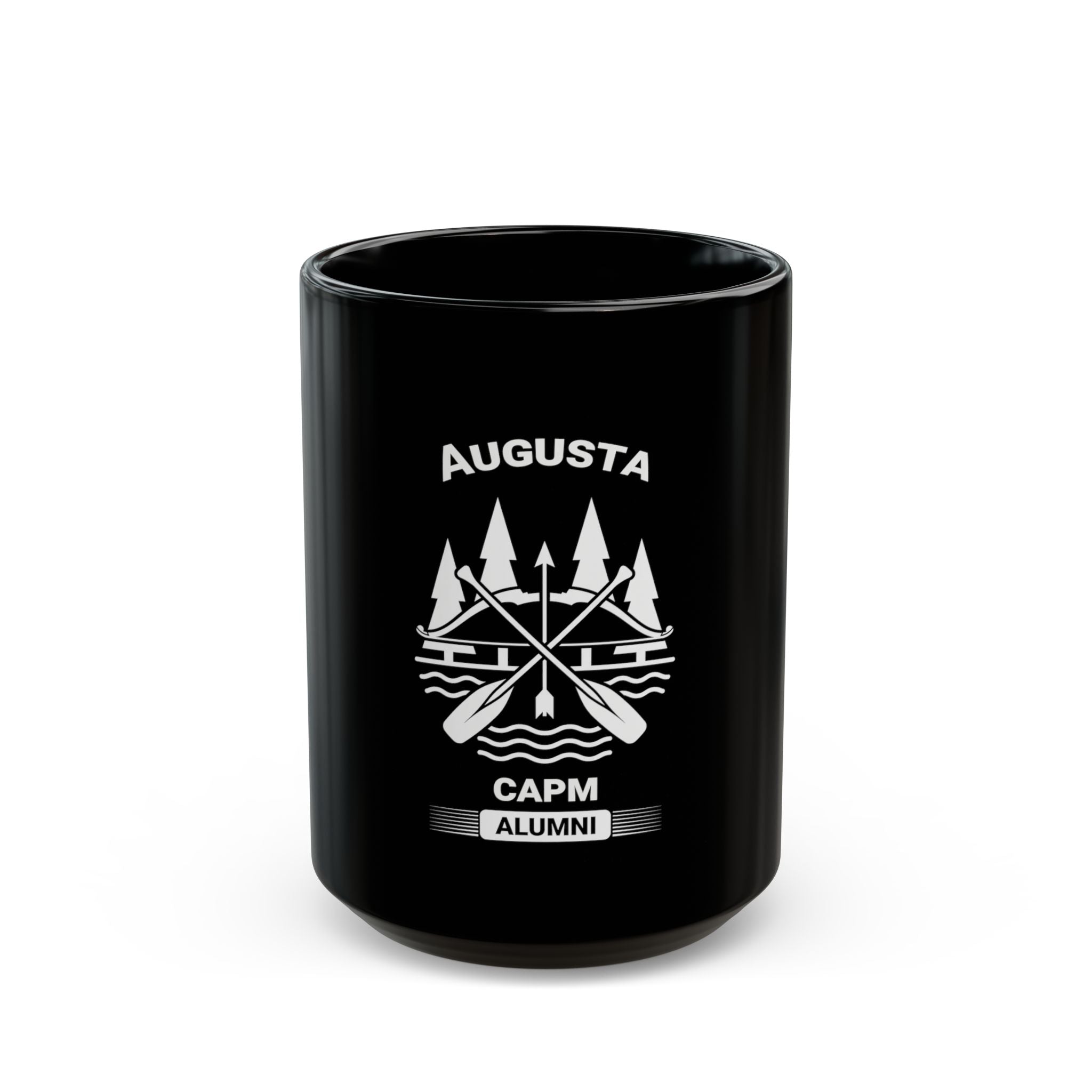 Augusta CAPM Alumni Black Ceramic Mug — Rowing Oars & Pines Design (11oz/15oz)
