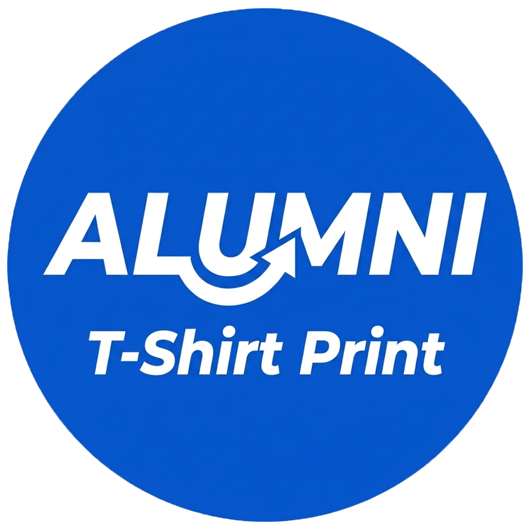 Circular logo with 'ALUMNI T-Shirt Print' text on a blue background