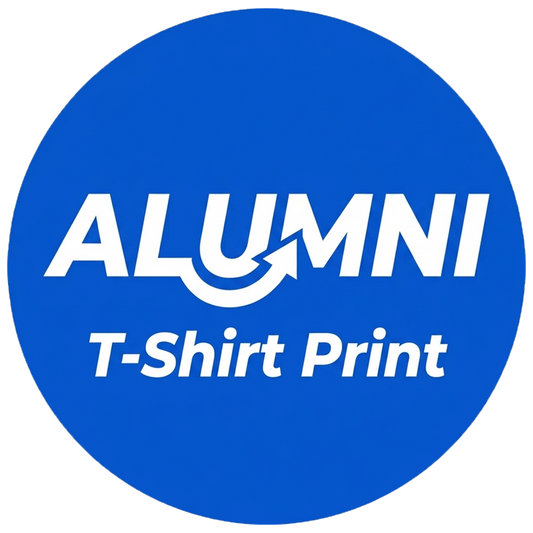 Circular logo with 'ALUMNI T-Shirt Print' text on a blue background